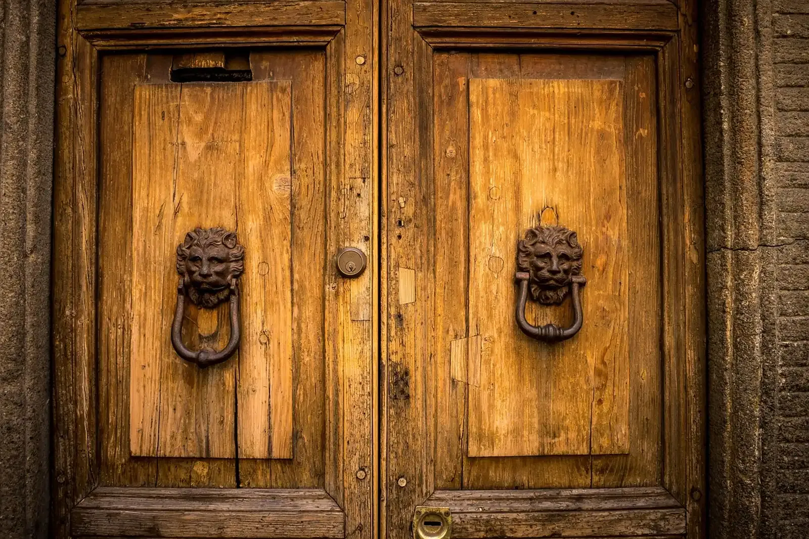 Weathered double wooden doors with two iron lion-head door knockers and a central cylinder lock