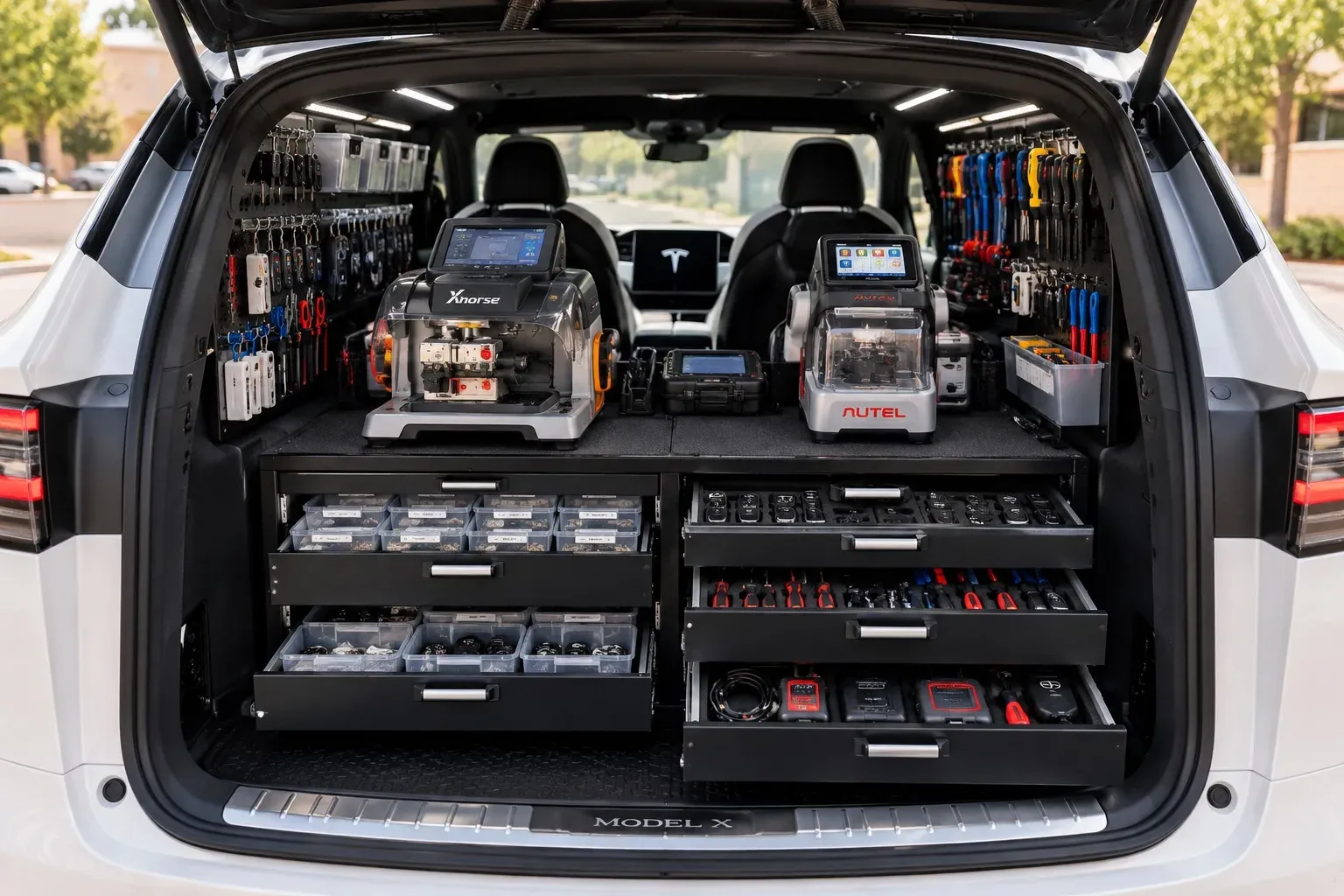 The back of the Number One Locksmith van opened to show key cutting machines, programming tools, and drawers of parts