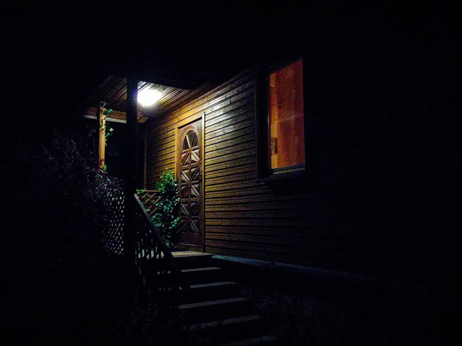 A wooden house door and porch steps lit by a single porch lamp in the dark of night